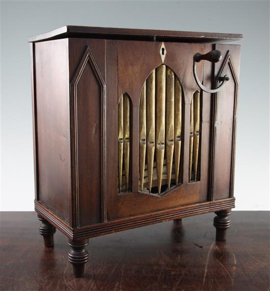 An early 19th century mahogany barrel organ, 12.5in.